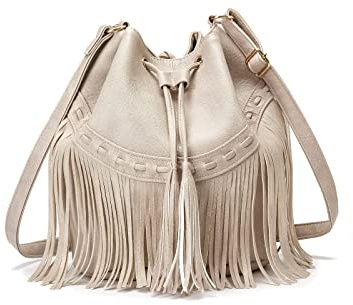 Leather Bucket Bags for Women Crossbody Fringe Purses with Drawstring Ladies Tassel Hobo and Shoulder Handbags White