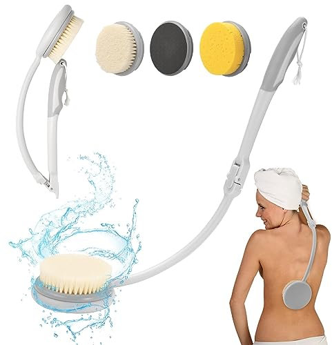 Rückenbürste mit Langem Stiel, Rücken Eincremehilfe, Faltbar Badebürsten Naturborsten, Mit 4 Austauschbare Pads, Ultralanger Griff & Maximale Biegung Radial