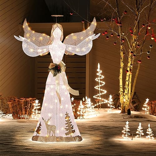 COSTWAY Pre-lit Christmas Angel, 3D Glittered Angel with 100/148/150/180 Lights, Halo, Ground Stakes, Large Xmas Decoration Ornament for Indoor Outdoor (5FT, with 100 Lights)