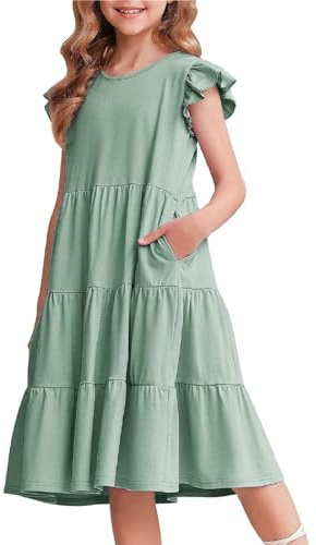 Arshiner Niñas Vestido de Verano con Mangas de Volantes Vestido Infantil de Algodón Vestido de Ocio con Escote Redondo Mangas Cortas Swing Vestidos de Fiesta para Niñas 4-14 Años