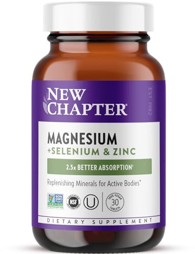 New Chapter Magnesium-Selenium-Zinc Supplement, 325 mg Magnesium in One-Daily Tablet for Active Bodies, Bounce Back After Exercise with Muscle Support Minerals + Hydrating Electrolytes, 30 Count