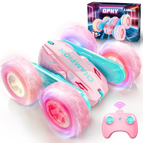 Ophy Voiture Télécommandée Enfant, 360° Rotation Camion Cascadeuse avec Lumière, 2 Batterie, 2,4GHz RC Voiture Radiocommandee, Jeux Extérieur Jouet Cadeau Fille 4, 5, 6, 7, 8, 9 Ans