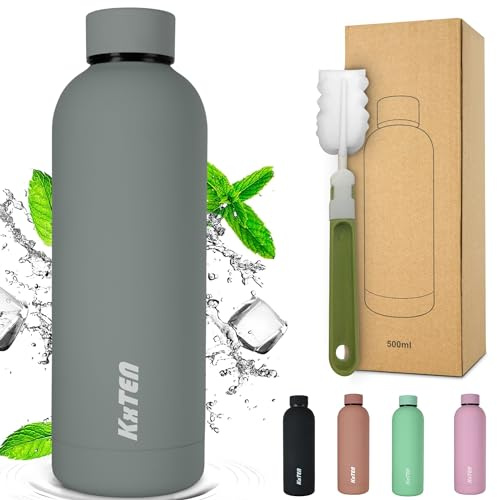 KxTEN Edelstahl Trinkflasche 750ml mit Flaschenbürste | Gummiisoliert | auslaufsichere Thermosflasche | Kohlensäure geeignet | isolierte Wasserflasche für Sport, Büro & Freizeit (Grau, 750ml)