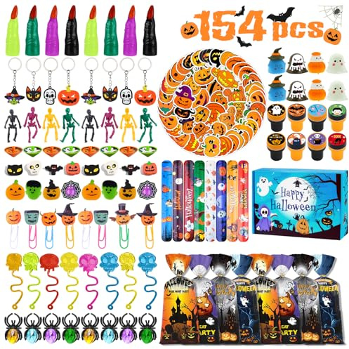 PUWOWYE Relleno Piñata, 154 Piezas Detalles y Regalos Halloween Niños Con Caja, Incluye Pulseras de Juguete Slap, Sellos, Pegatinas, Arañas