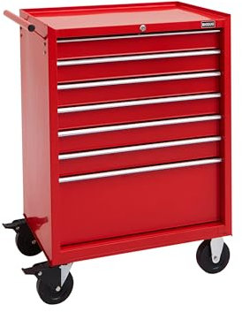 BiGDUG Essentials Mobile Tool Cabinet – 27” 7 Drawer Portable Tool Chest With Wheels – 958H x 685W x 465D mm (Red)