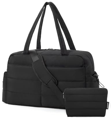 bagsmart Reisetasche Sporttasche Damen, 31L Wasserabweisend Puffer Wickeltasche Handgepäck Tasche Weekender Bag Gesteppt mit Kosmetiktasche, Kliniktasche Geburt für Gym, Fitness, Arbeit, Schwarz