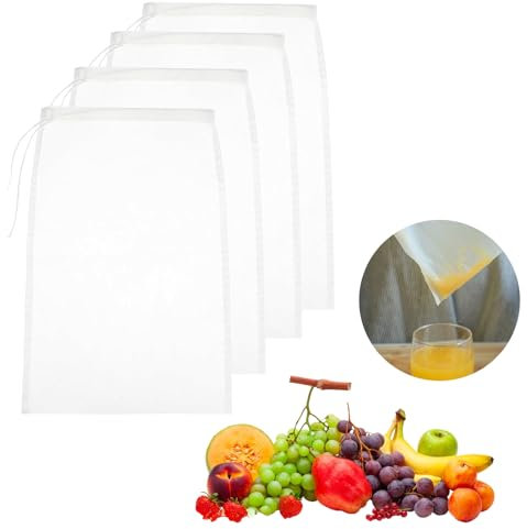 Lxtness 4 Stück Nussmilchbeutel,Passiertuch Wiederverwendbar,20 × 30 cm Feingewebt Passiertuch,Nussmilchbeutel Bio Waschbar mit Kordelzug für Käse Fruchtsaft Kaffee Gemüsesaft