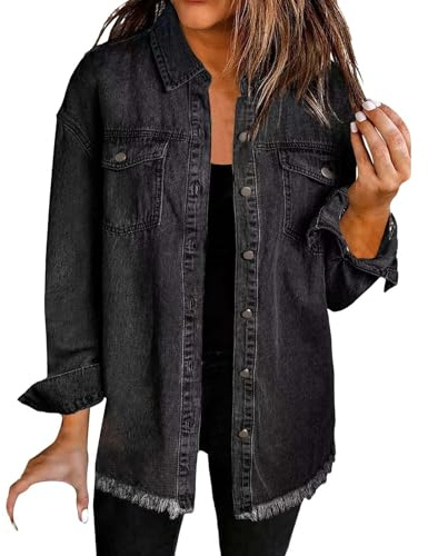HUIFUAO Camicia di Denim Lavato Giacca Donna Oversize Button Down Cappotto di Jeans con Tasca Manica Lunga Camicetta di Denim Sfrangiato Top, Nero, S