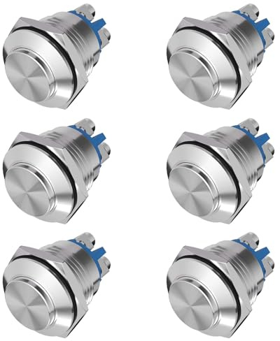 6 Pezzi Interruttore a Pulsante 16mm Pulsante Impermeabile Momentaneo Interruttore da Muro Pannello Interruttori Pulsanti a Pressione in Rame Argento 2a/12v/24v/125v/250v（Prominente）