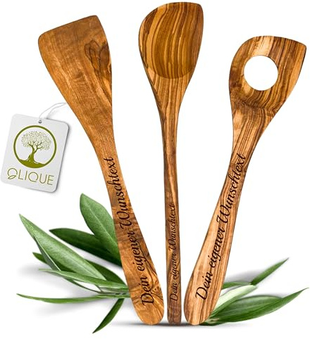 Set di cucchiai da cucina personalizzati, in legno d'ulivo – Set fatto a mano in legno e spatola con incisione come regalo individuale