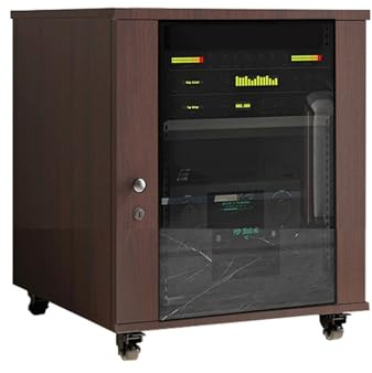 HTYUKFDG Gabinete for Medios audiovisuales con Puerta de Vidrio y Ruedas, gabinete for Almacenamiento de Reproductor de DVD con estantes Ajustables y Organizador de Cables(Walnut,63x57x56cm)