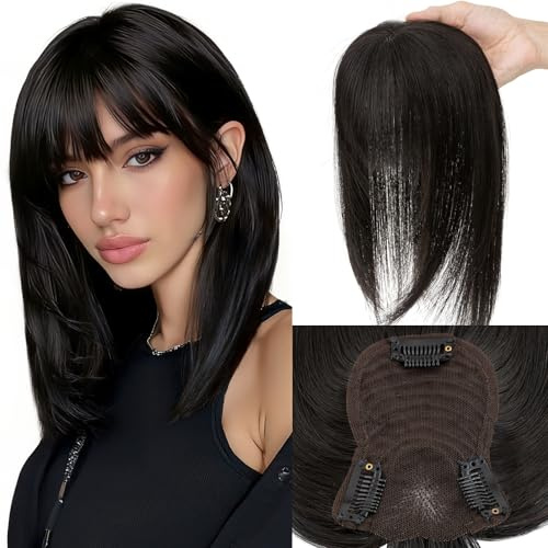 Elailite Hair Topper Donna Capelli Veri Clip in Silk Lace Nero Naturale Protesi Toupee Toupet con Frangia Sottile (Handmade Base 8x11.5cm) 30cm 35g #1B