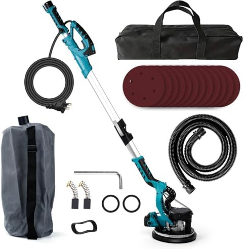 Lijadora Telescópica Pared y Techo 1000W – 6 Velocidades Ajustables, Cabezal Giratorio 100°, Auto-recolección de Polvo 98%, Mango Extensible, Luz LED 360°