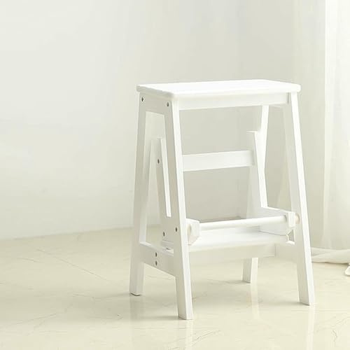 Taburete plegable multifuncional para escaleras, silla de cocina de madera de 2 peldaños, color blanco, banco de zapatos de carreras que ahorra espacio para un fácil acceso y nización en el hogar