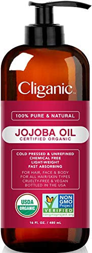 Cliganic Olio di Jojoba puro 100% biologico, 480ml - Naturale pressato a freddo e non raffinato, per capelli e viso utilizzabile anche come olio per massaggi – Con garanzia di 90 giorni