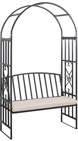 Outsunny Garden Metal Arch Bench, Outdoor Furniture Chair with Cushion Outdoor Patio Rose Trellis Arbour Pergola, for Climbing Plant 114L x 60W x 206H cm