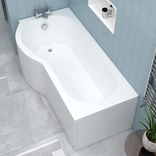 1700 x 850mm P Shape Shower Bath with Front & End Panel, Gloss White Soaking Shower Bath, Acrylic Baths for Bathrooms, Left Hand Round, Adjustable Leg Set - Elva