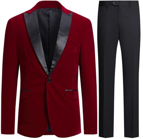 Allthemen Abito da Uomo 2 Pezzi Completo da Sposa Slim Fit in Velluto Casual Blazer da Smoking Pantaloni Rosso S