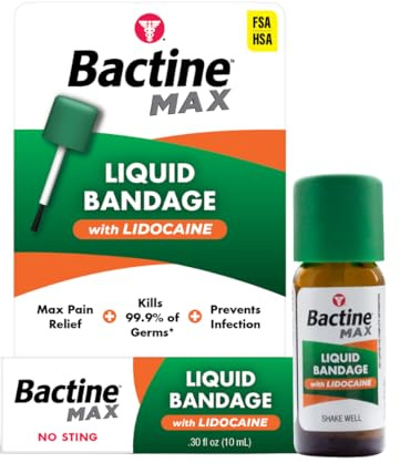 Bactine MAX Liquid Bandage with Lidocaine, Wound Cleaning Solution That Kills 99% of Germs, Covers and Protects Skin, Fast-Drying Protective Seal, 0.30 fl oz