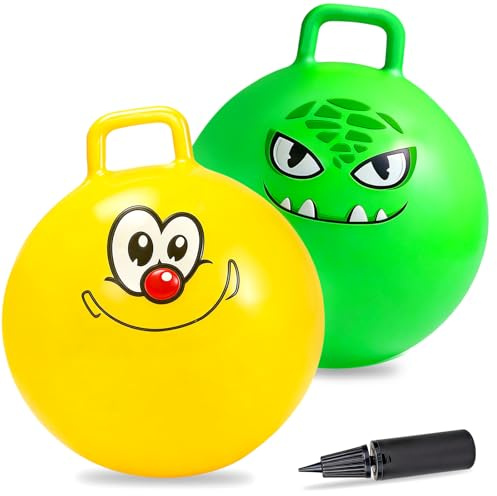 Hymaz Space Hopper for Kids Ages 3+, 18 Inch Jumping Ball Bouncy Hoppers with Handle, Inflatable Exercise Balance Toys for Indoor Outdoor Garden Games for Boys Girls (2P Hopper Balls-Yellow+Green)