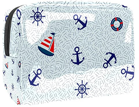Sailboat Anchor Steering Wheel and Lifebuoy Cosmetic Bag for Women, Travel Toiletries Bags Large PVC Makeup Handy Pouch Organiser with Zipper