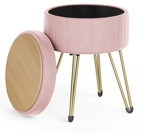 SONGMICS Runder Sitzhocker, Hocker mit Stauraum, Samt Schminktisch Hocker, 39 cm d, 44,4 cm H, 4 Metallbeine, für Ankleidezimmer, Wohnzimmer, Schlafzimmer, pastellrosa LOM003R01