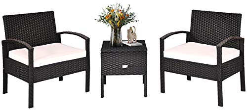GYMAX Set Giardino Esterno in Rattan da 3 Pezzi, con 2 Poltrone e Tavolino con Vano Contenitore, Set Mobili con Cuscini Spessi Lavabili da Giardino Balcone Cortile Terrazza