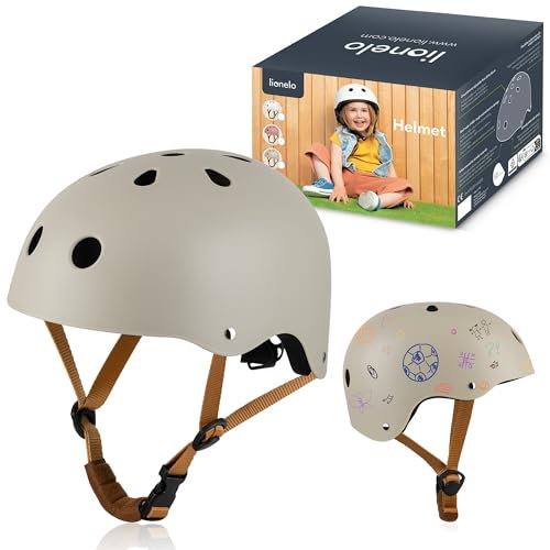 LIONELO Helmet Casco Protector Bicicleta Infantil, Ajustable 50-56 cm, Protector de Barbilla, Casco para Niñas y Niños con Certificado Intertek, Talla S (Beige)
