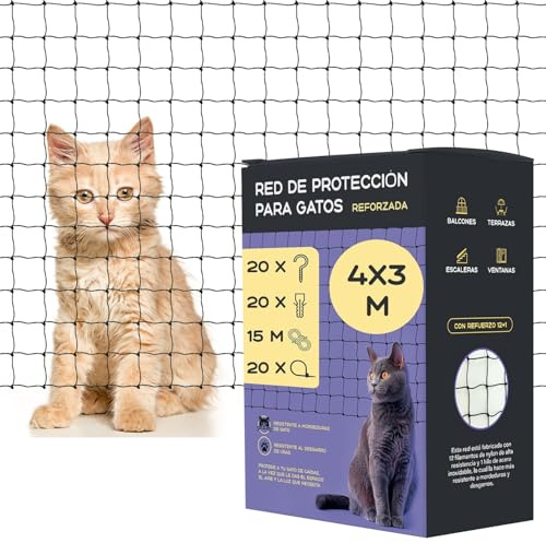 Mablik® Red para Gatos Terraza Reforzada (4x3m) + Kit Instalación + Instrucciones. Red Gatos Ventanas y Terraza, de Color Negro, Refuerzo de Acero Inoxidable 12+1 (4x3m)