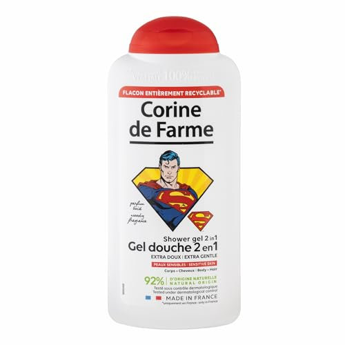 Corine de Farme - Gel de Ducha Extra Suave Superman - Jabón 2en1 para Cuerpo y Cabello de Niños - Fórmula Hipoalergénica Piel Sensible, Clean Beauty, no Pica