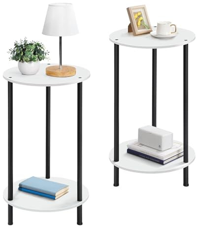 LIANTRAL End Tables Set of 2, 2 Tier Small Side Table, Round Nightstand Sofa Table Coffee Table with Storage Shelves for Living Room, Bedroom, MDF & Metal, White