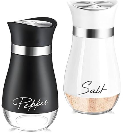 katmerio Set di 2 shaker per sale e pepe, 120 ml, per fondo in vetro, piccolo, con coperchio in acciaio inox, per casa, cucina, ristorante, tavolo da pranzo (nero, bianco)