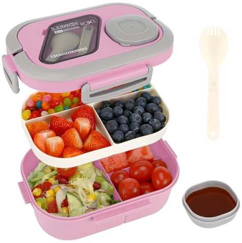 Kasanni Lunch Box with Compartments, Lunchbox, Behälter für Mittagessen und Salat, Bento-Box mit Löffel, Vesperdose, Pausenbrot, für Erwachsene & Kinder, BPA-Frei (Rosa)