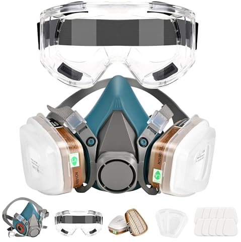 Half Facepiece Respirator with Filters - Respirator Mask with 10Pcs Filter Cottons and Goggles, for Paint, Dust, Formaldehyde, Sanding, Polishing, Woodworking, Organic Vapors, Chemicals (Blue)