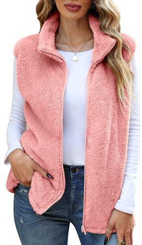 Yuson Girl Gilet Polaire Femme Sans Manches Chaud Manteau Automne Hiver Sherpa Gilets Couleur Unie Veste en Fourrure et Légère Décontractée Gilet Sans Manches avec Poches(Rose, S)