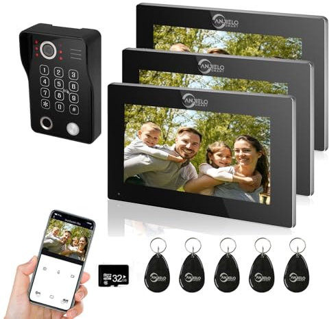 Conexión de 4 hilos ANJIELO SMART Videoportero de 3 unidades, monitor con pantalla táctil de 7' y timbre con cable 1080P