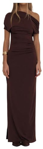 GORGLITTER Women's Asymmetrical One Shoulder Maxi Dress Formal Wedding Guest Cocktail Prom Summer Ruched Long Sundress Coffee Brown Large