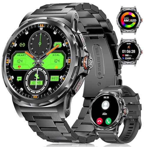 Reloj inteligente militar para hombre (contestar/marcar llamadas), 5 ATM resistente al agua/más de 120 modos deportivos, reloj de fitness con presión arterial/frecuencia cardíaca/SpO2/podómetro para