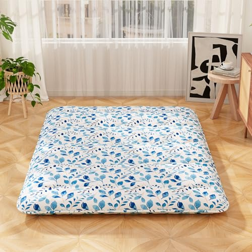 COSTWAY Japanese Floor Mattress, 10cm Thick Futon Mattress Tatami Mat Sleeping Pad with Carry Bag & Washable Cover, Foldable Roll Up Bed Mat for Lounger Dorm Camping (Blue Leaves, Double)