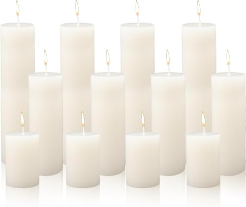 Lot de 12 bougies piliers ivoires, anti-gouttes et non parfumées, en paraffine, pour Halloween, spa, fêtes, anniversaires, maison, salle de bain et réception, 5,1x7,6 cm, 5,1x15,2 cm, 5,1x20,3 cm