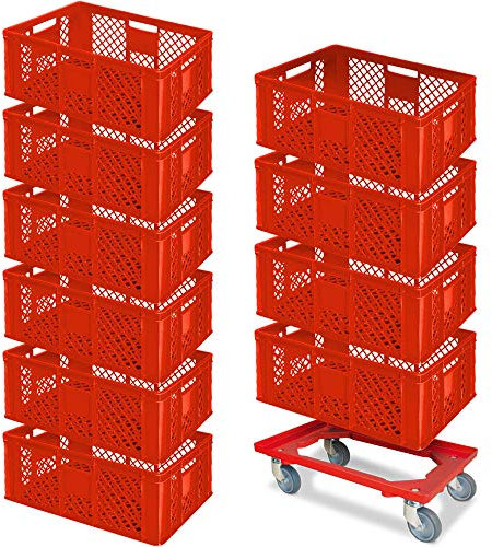 BRB Lot de 10 bacs Euro - 600 x 400 x 240 mm (L x l x H) - Qualité industrielle - Convient à un usage alimentaire + 1 chariot de transport - Rouge