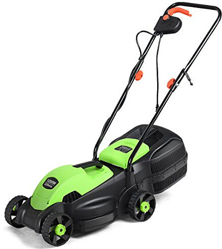 Goplus Lawn Mower, 13 Inch 2-in-1 Electric Lawn Mower with Grass Collection Bag, Folding Handle, Adjustable Cutting Height, Corded Push Lawn Mowers for Garden Yard, 12 Amp (Green)