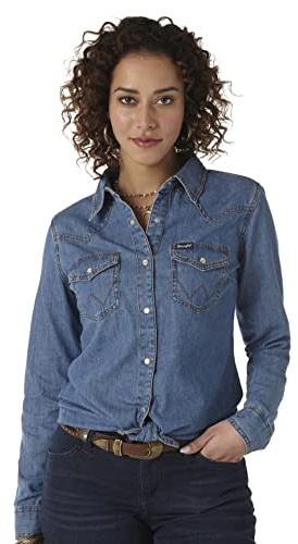 Wrangler Western Long Sleeve Denim Snap Shirt Camisa, Mezclilla Media, XS Mujeres