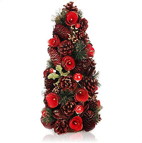com-four® Albero di Natale Decorativo - Piccolo Albero di Natale con Addobbi - Decorazione da Tavola per Natale e Avvento, completa Ghirlande e Corone (fiore rosso dell'albero)