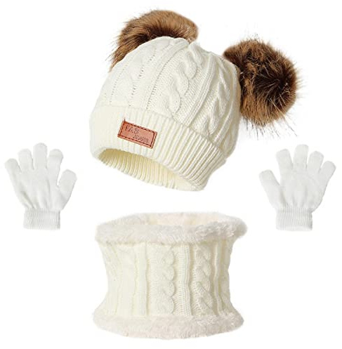 Gorro de Punto Invierno Térmico con Guantes y Bufanda Forro Polar Niños Set Beanie Gorro Sombrero de Punto Invierno Cálido con Pompon para Niños Niñas