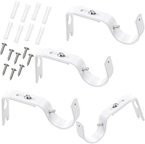 Frienda 4 Pcs White Curtain Rod Support Brackets Adjustable Curtain Rod Hangers for 1 Inch Diameter General Hardware Holders Wall Bracket Hanger Hooks with Screws