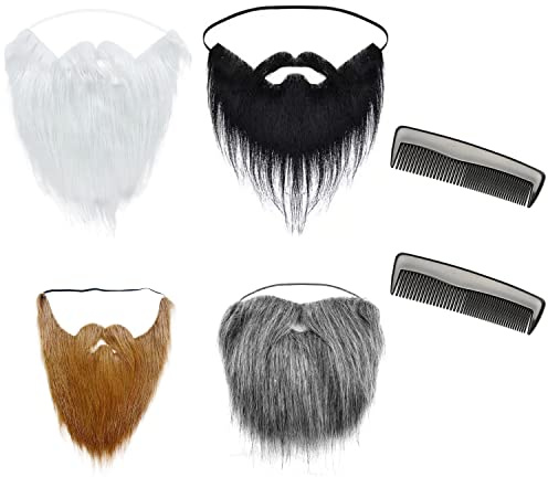 QEEQPF 4-pack falska skägg med 2 kammar, halloweenkostymtillbehör, festtillbehör, cosplay, dekorationer, elastisk utklädningsrekvisita, unisex, vit, svart, brun, grå, 20,5 x 13 cm/30 x 23 cm/17 x 13