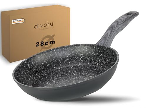 DIVORY Bratpfanne 28cm Induktion – Antihaft Beschichtete große Universalpfanne für alle Herdarten - Sichere Griffe, Spülmaschinen geeignet (Graues Holz, 28cm)