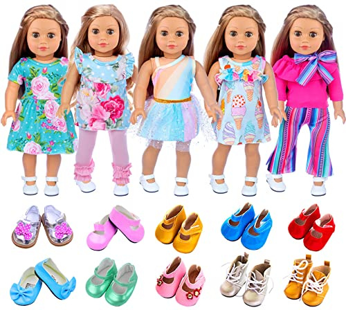 ZITA ELEMENT 11 Pcs American Doll Clothes Dress and Accessories for 18 inch Doll - 5 Sets Outfits + 2 Pairs Random Style Shoes