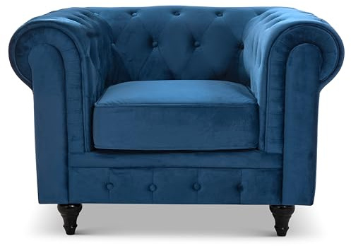 Bravich Velvet Chesterfield Armchair | Single Seater | Soft Plush Fabric | Foam Cushion | Scroll Arms | Button Back | Living Room Bedroom | Navy Blue | 110x90x78cm